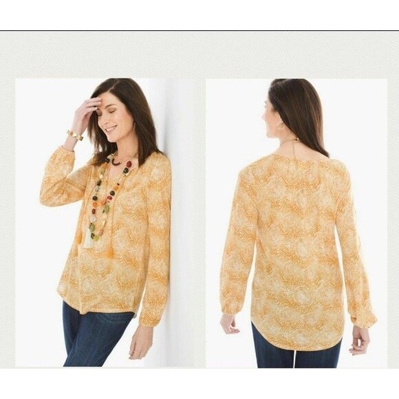 Chico’s Flounce-Front Paisley Blouse Pink Sheer Long Sleeve V-Neck Size 6 Petite - Picture 1 of 11